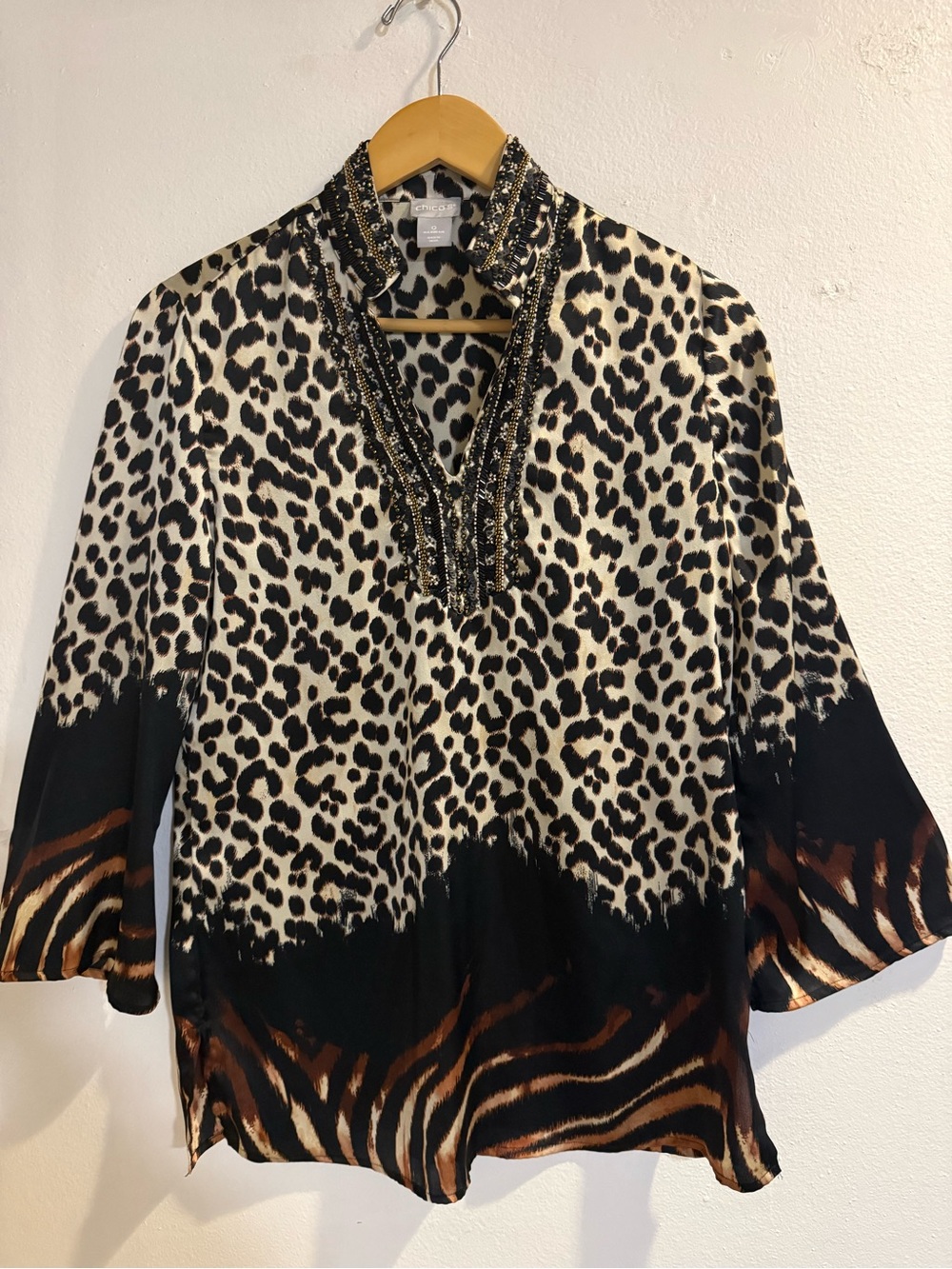 Chico's Beaded Animal Print Tunic - Black, Cream & Brown